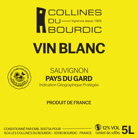 VIN BLANC COLLINES DU BOURDIC IGPGARD - BIB 5 L